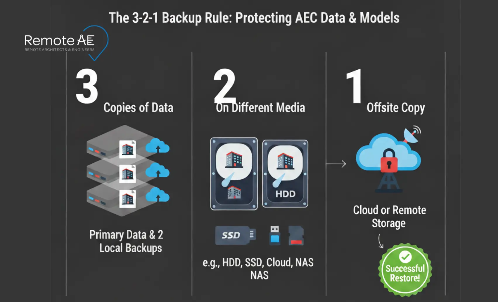 Diagram of 3-2-1 backups with offsite copy and successful restore badge