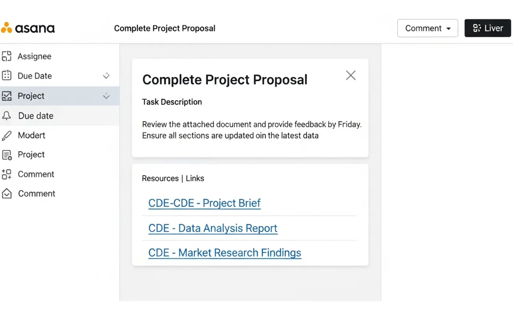 Screenshot mockup of an Asana task with brief text and CDE links