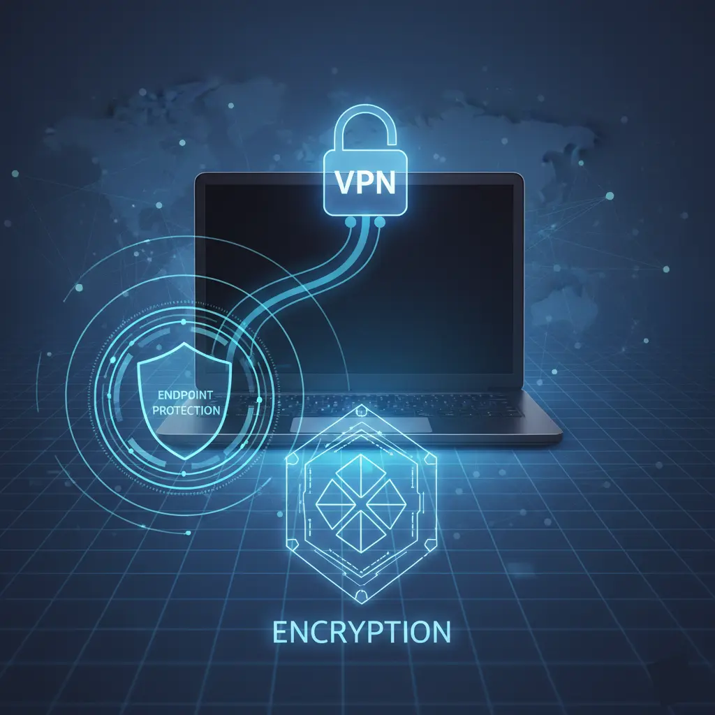 Secure laptop depicting VPN, encryption, and endpoint protection