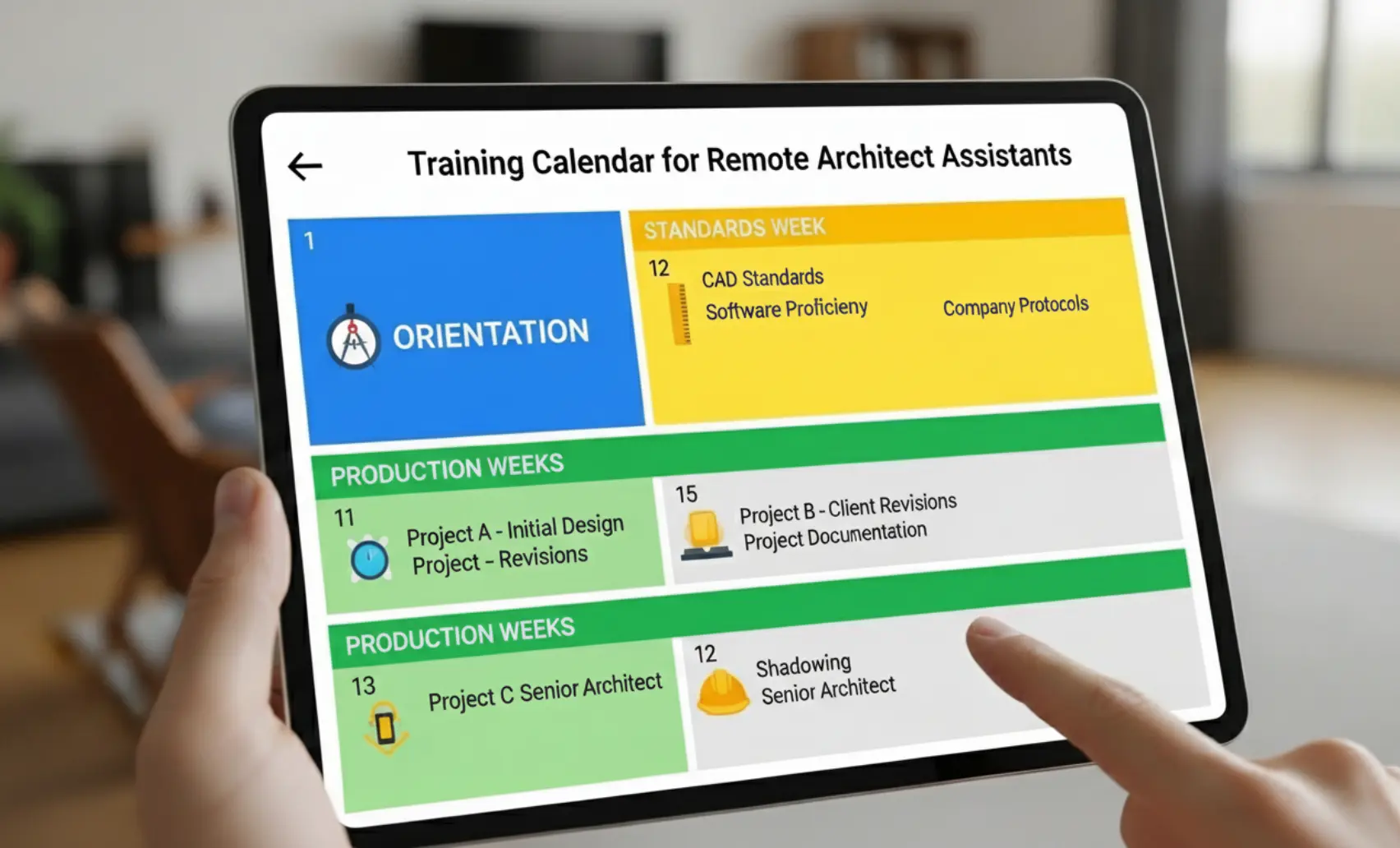 Training calendar highlighting orientation, standards week, and production weeks
