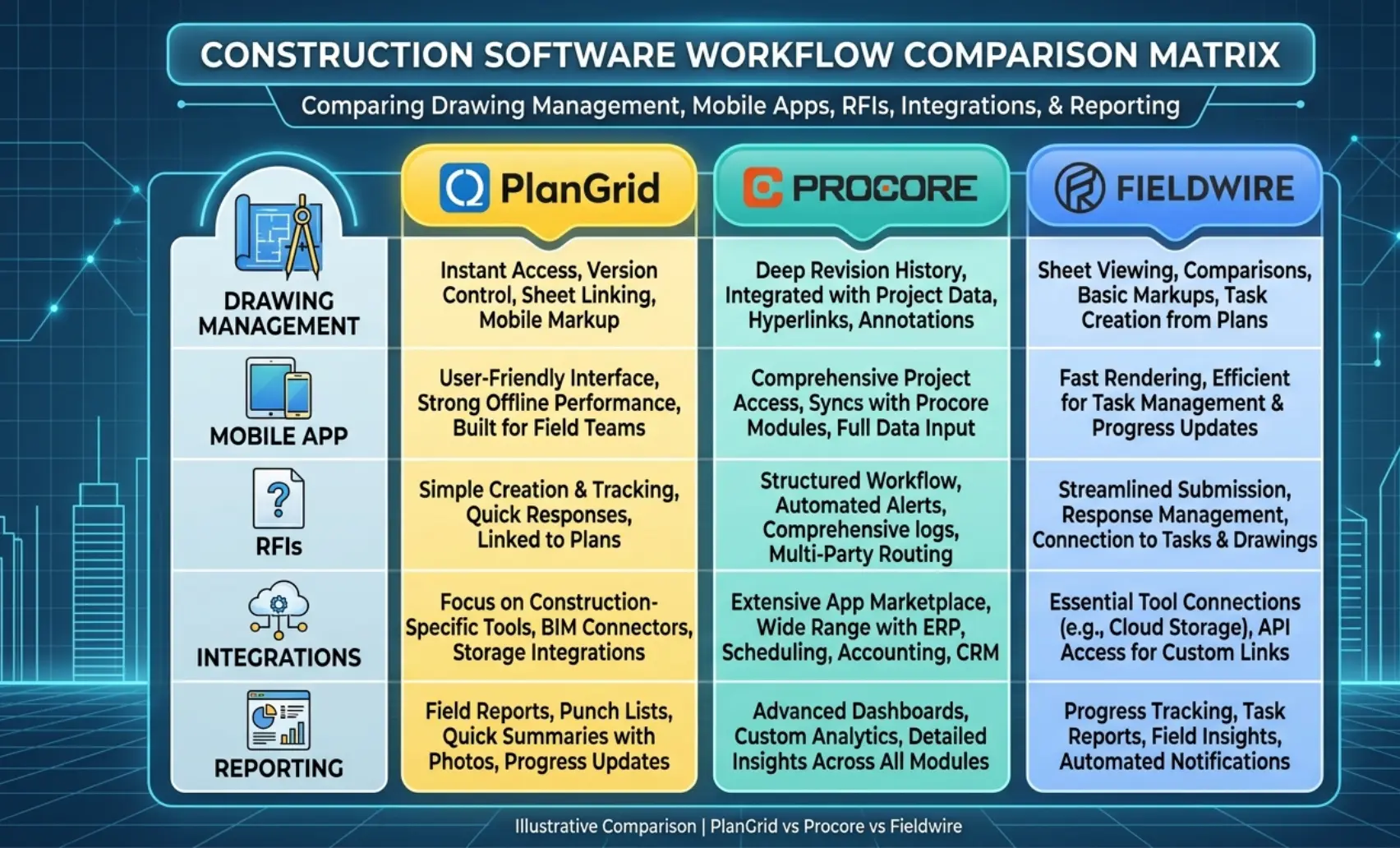 Workflow matrix comparing PlanGrid, Procore, and Fieldwire